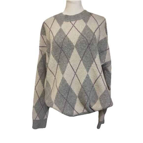 Christian Siriano 90s Preppy Argyle Oversized Crew Neck Sweater NWT L - Picture 1 of 6